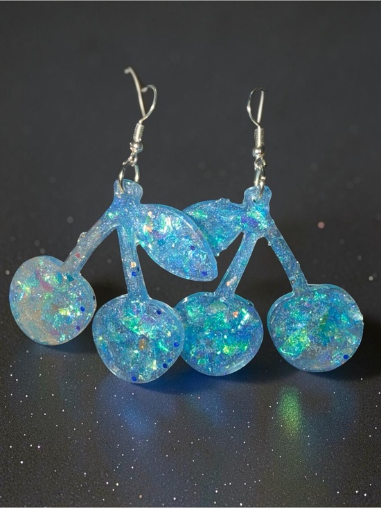 Angel Trumpet LLC Jewelry - Handmade Aqua Blue Iridescent Glitter Resin Cherry Earrings